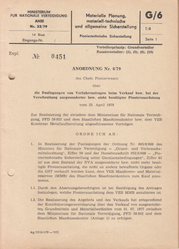 Anordnung Nr. 6(79) des Chefs Pionierwesen über die Festlegung von Verfahrensfragen beim Verkauf bzw. bei der Verschrottung ausgesonderter bzw. nicht benötigter Pionierausrüstung