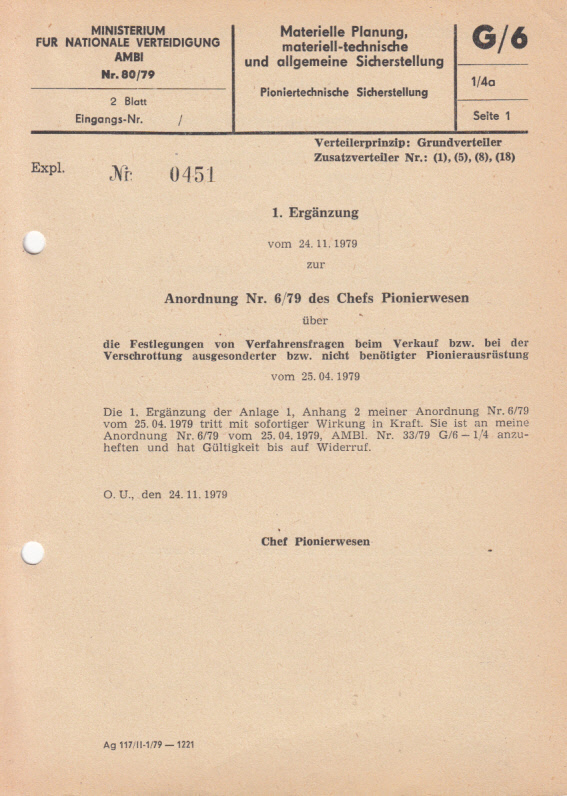 1. Ergänzung vom 14.11.1979 zur Anordnung 6(79) über die Festlegung von Verfahrensfragen beim Verkauf bzw. bei der Verschrottung ausgesonderter bzw. nicht mehr benötigter Pionierausrüstung
