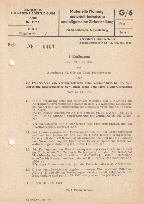 3. Ergänzung vom 09. Juni 1982 zur Anordnung Nr. 6(79) des Chefs Pionierwesen über die Festlegungen vom Verfahrensfragen beim Verkauf bzw. bei der Verschrottung ausgesonderter bzw. nicht mehr benötigter Pionierausrüstung vom 25.04.1979